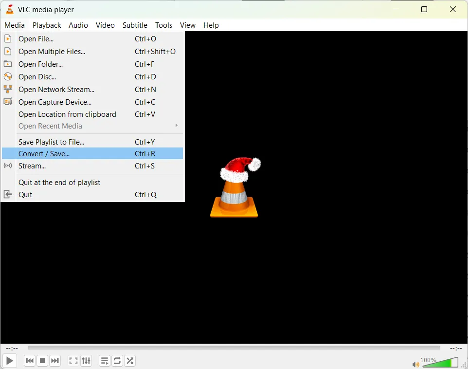 Captura de pantalla del menú convertir/guardar de VLC media player
