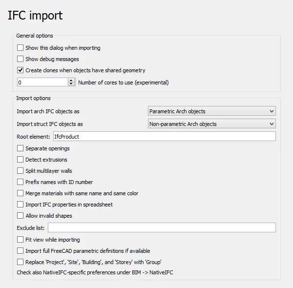Kotak dialog impor-ekspor FreeCad preferensi ifc