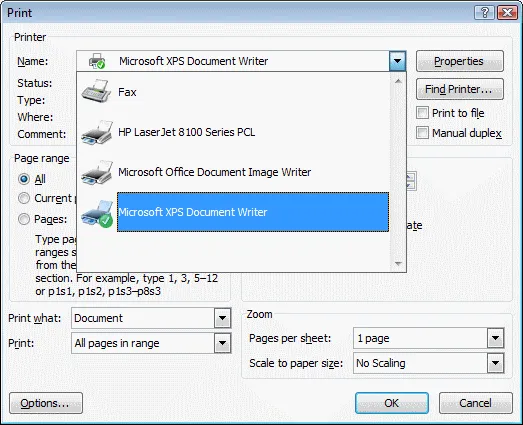Dialog penulis dokumen Microsoft XPS