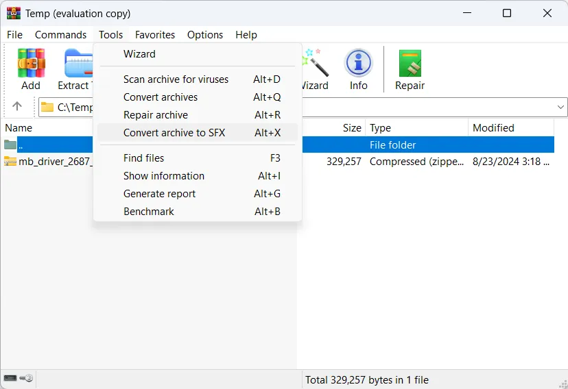 WinRAR: select tools menu