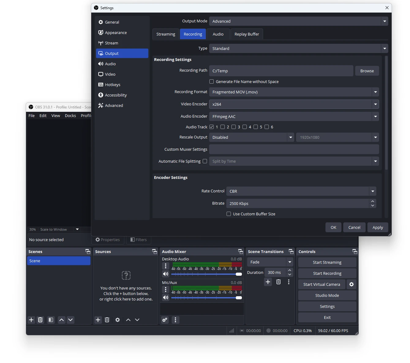 OBS Studio: pengaturan output video MOV